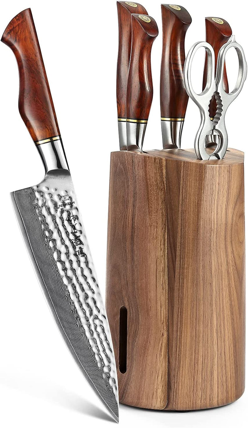 HEZHEN Damascus Kitchen Knives Set with Block,Pro Knife Set-7Pc,Premium Powder Steel Boxed Knives Sets,Natural Rosewood Handle,Suitable for Home Cooking or Restaurant,Master Hammered Finish Series Home & Garden > Kitchen & Dining > Kitchen Tools & Utensils > Kitchen Knives Yangjiangshi Yangdong lansheng e-commerce co.,ltd 7PC Set  