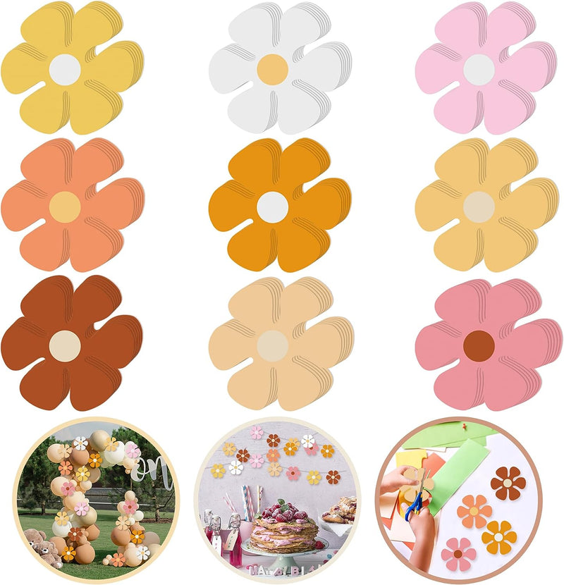 117 PCS 4.33 Inch Colorful Flower Shaped Cutouts Mini Retro Flower Cutouts Daisy Paper Flower Cutouts for Hippie Party Craft Wall School DIY Decoration (Retro Color)  KEEPARTY   