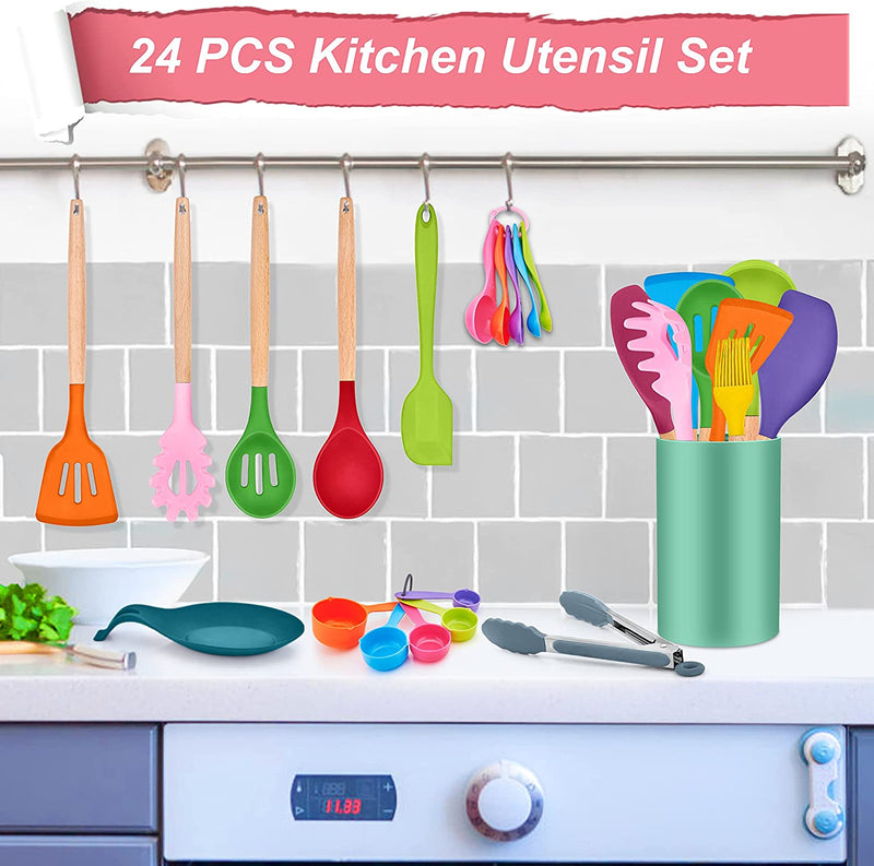 Teamfar 24PCS Cooking Utensil Set with Holder, Silicone Kitchen Cookware Tools with Wooden Handle, Spatula Spoon Turner, Non-Toxic & Non-Stick, Heat-Resistant & Dishwasher Safe, Colorful Home & Garden > Kitchen & Dining > Kitchen Tools & Utensils TeamFar   