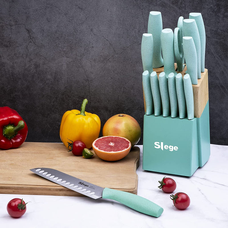 Knife Set, 15-Piece Kitchen Knifes with Wooden Block, Professional Chef Knife Sets with Sharpener Scissors, Stainless Steel Sharp Knives for Home, Green Wheat Straw Handle, Light Home & Garden > Kitchen & Dining > Kitchen Tools & Utensils > Kitchen Knives Slege   