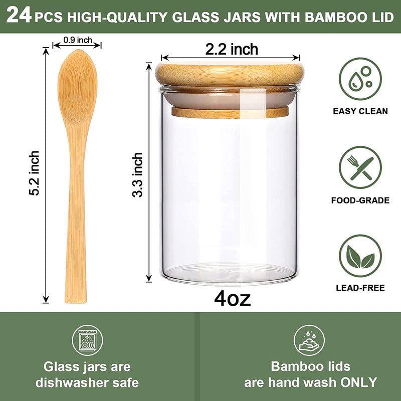 GMISUN Spice Jars with Bamboo Lids, 24 Pcs 4Oz Glass Spice Container with 225 Pcs Spice Labels & 1 Spoon, Empty round Spice Bottles with Wood Airtight Lid, Farmhouse Food Storage Jars Home & Garden > Decor > Decorative Jars GM GMISUN   