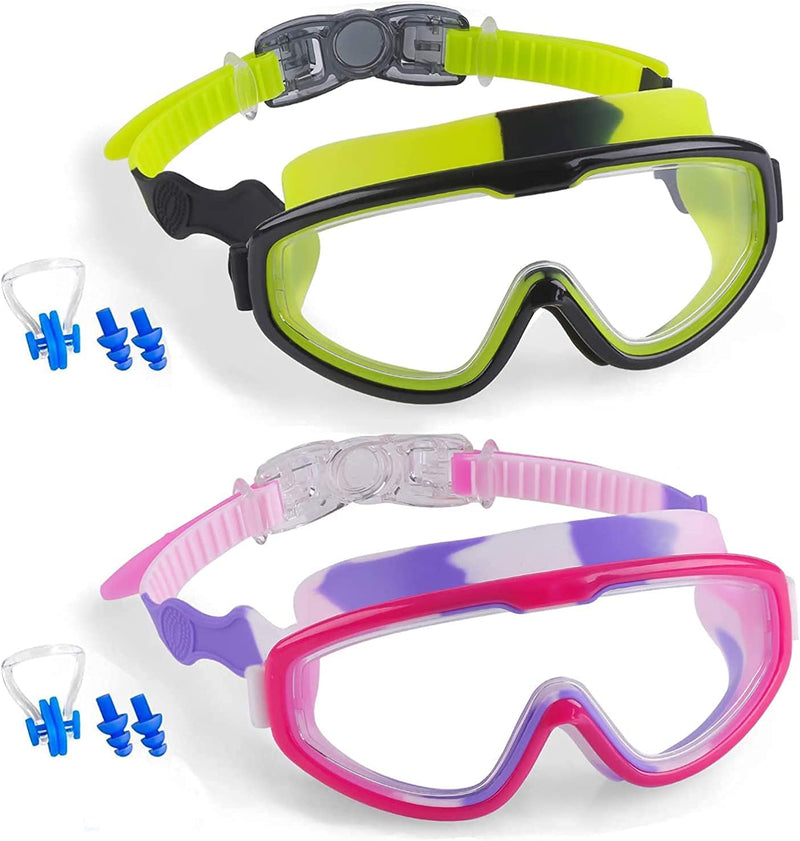 COOLOO Kids Swim Goggles for Age 3-15, 2 Pack Kids Goggles for Swimming with Nose Cover, No Leaking, Anti-Fog, Waterproof Sporting Goods > Outdoor Recreation > Boating & Water Sports > Swimming > Swim Goggles & Masks COOLOO K. Multicolor Purple+green  