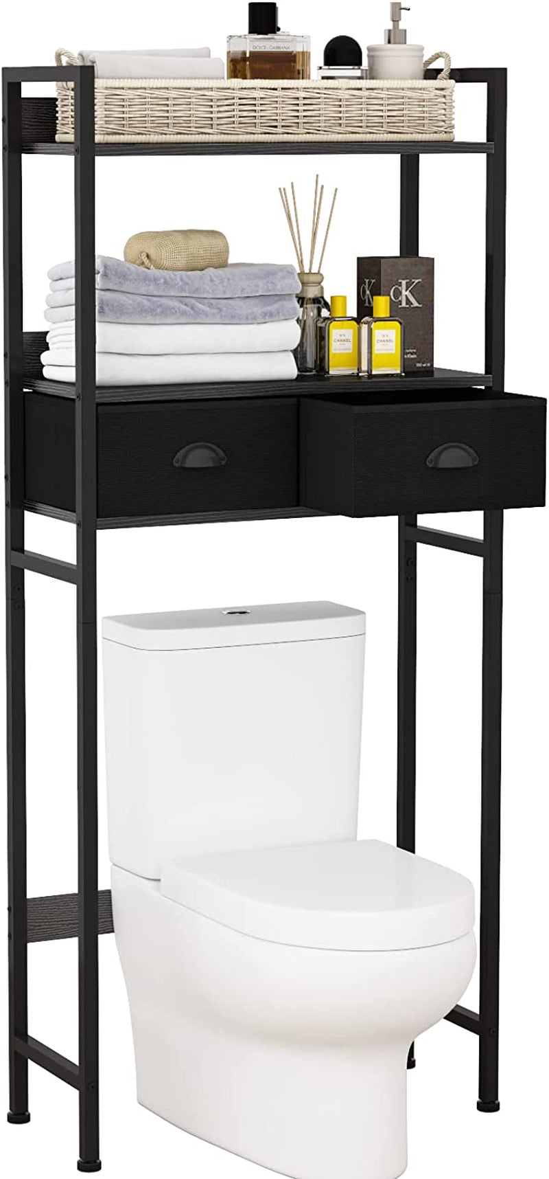 Furnulem over the Toilet Storage with 2 Fabric Drawers, 2-Tier Tall Bathroom Storage Shelf, Stable Freestanding above Toilet Stand, Space Saver Organizer Rack for Restroom, Laundry (Black) Home & Garden > Household Supplies > Storage & Organization Furnulem Black Drawers 
