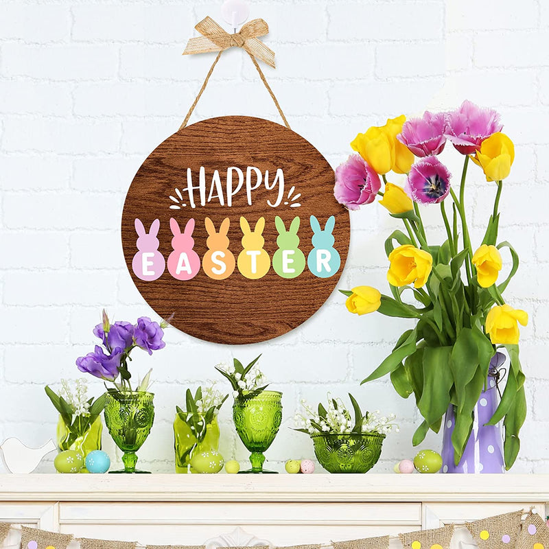 Whaline Happy Easter Wooden Hanging Sign Colorful Bunny Rabbit Welcome Sign Door Decoration Rustic Easter Wood Wreath Sign for Easter Spring Holiday Home Coffee Shop Bakery Farmhouse Window