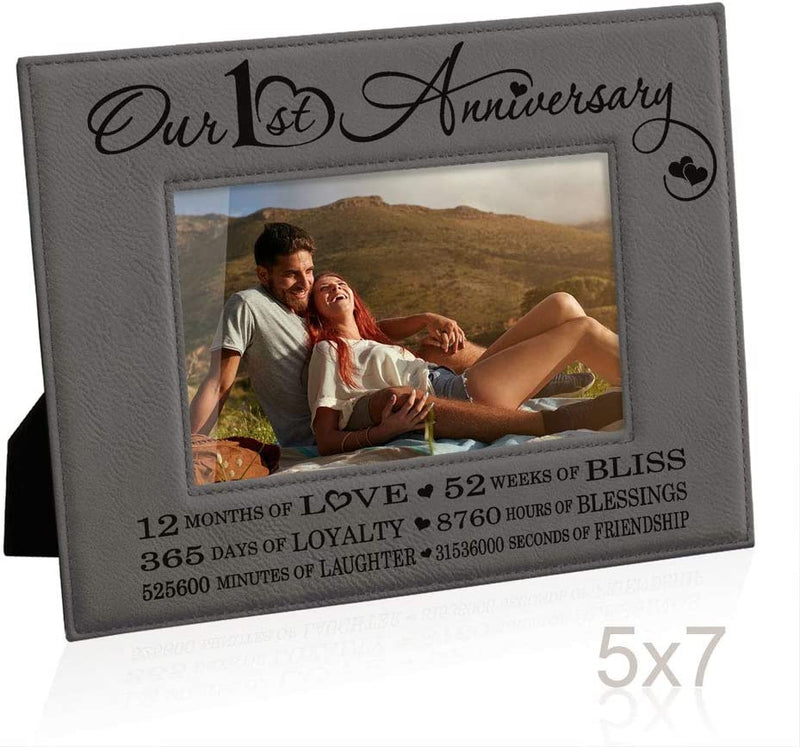 KATE POSH Our First (1St) Anniversary Engraved Leather Picture Frame - Gifts for Couple, Gifts for Him, Gift for Her, Paper, Photo Frame, First Wedding (5X7-Horizontal) Home & Garden > Decor > Picture Frames KATE POSH   