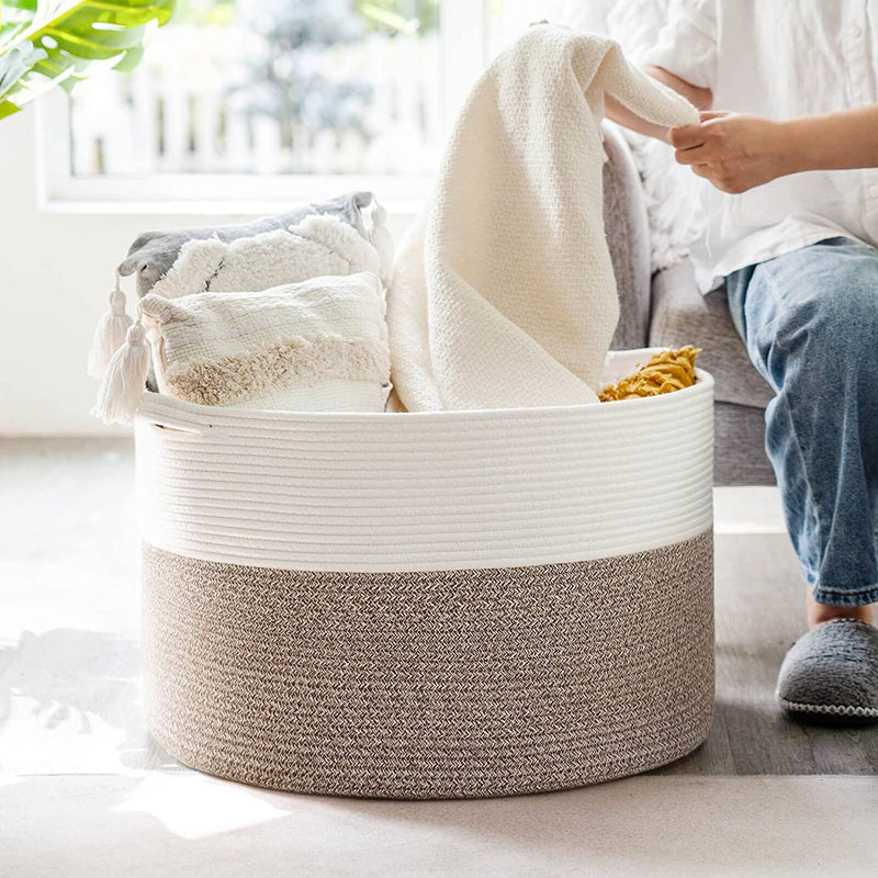 INDRESSME Xxxlarge Cotton Rope Basket 21.7" X 21.7" X 13.8" Woven Baby Laundry Blanket Basket Toy Basket with Handle Storage Comforter Cushions Thread Laundry Hamper Home & Garden > Household Supplies > Storage & Organization INDRESSME   