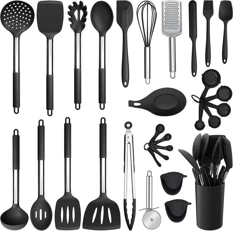 Silicone Cooking Utensils Set, E-Far 14-Piece Black Kitchen Utensils Set with Holder, Kitchen Tools Spatulas with Stainless Steel Handle for Non-Stick Cookware, Heat Resistant & Dishwasher Safe Home & Garden > Kitchen & Dining > Kitchen Tools & Utensils E-far Black 30 