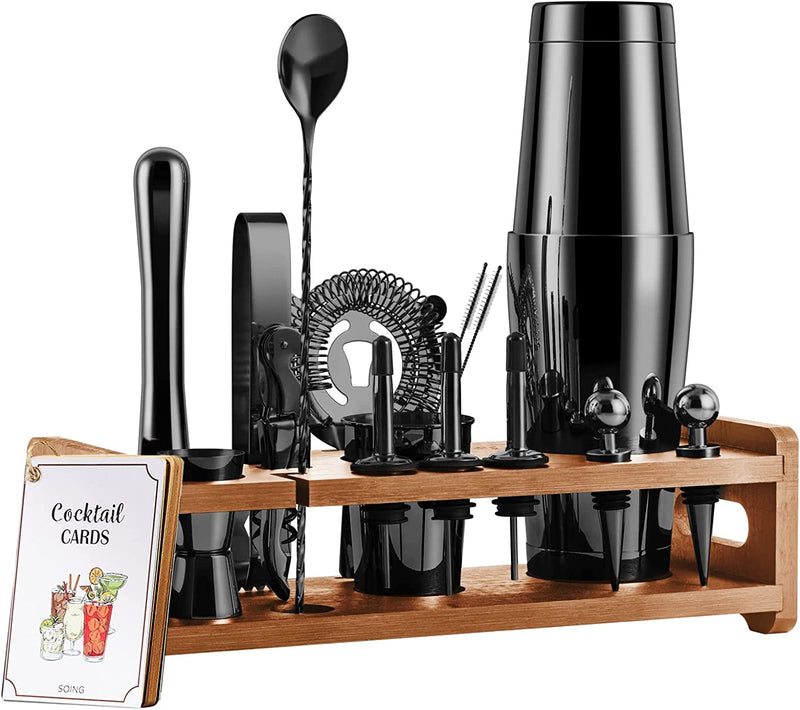 SOING Mixology 24-Piece Bartender Kit,Perfect Home Cocktail Shaker Set for Drink Mixing,Stainless Steel Bar Tools with Stand,Velvet Carry Bag & Recipes Cards Included Home & Garden > Kitchen & Dining > Barware SOING Black  