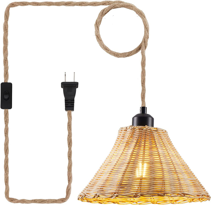 Plug in Pendant Light Rattan Hanging Lamp, Hand Woven Hanging Lights with Plug in Cord, 15 FT Hemp Rope Cord Bamboo Lampshade Boho Plug in Light Fixtures Ceiling for Bedroom, Farmhouse, Kitchen Home & Garden > Lighting > Lighting Fixtures YXTH   