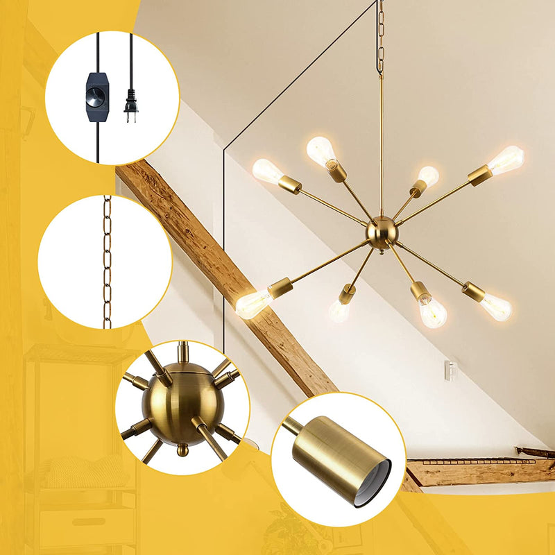 HOXIYA Dimmable 26.3" Modern Plug in Sputnik Chandelier with Cord, Brushed Brass 8-Lights Pendant Light Fixture, Midcentury Hanging Ceiling Lighting for Foyer, Entryway, Bedroom, Dining Room, Kitchen Home & Garden > Lighting > Lighting Fixtures > Chandeliers HOXIYA   