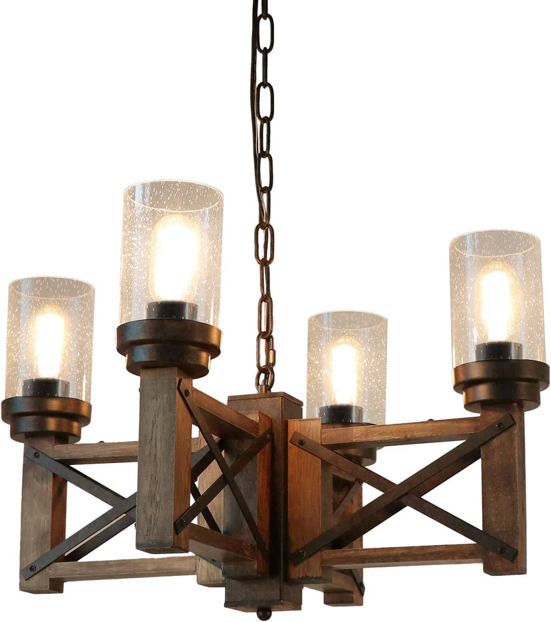 Eumyviv Wood Farmhouse Rustic Chandelier 4 Lights with Glass Shades, 22.8 Inches Industrial Dinning Table Pendant Lamp Vintage Edison Hanging Light Fixture, Brown & Black, C0075 Home & Garden > Lighting > Lighting Fixtures > Chandeliers Eumyviv Rustic Chandelier with Glass Shade  