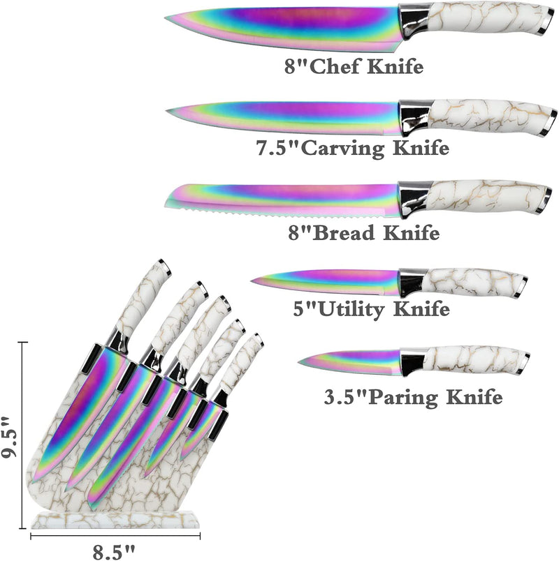 Rainbow Knife Set, Non Stick Kitchen Knives Set with Acrylic Block, 6 Piece Stainless Steel Knives, Marbling Handle Chef Quality for Home & Pro Use, Best Gift (White Handle) Home & Garden > Kitchen & Dining > Kitchen Tools & Utensils > Kitchen Knives WopZra   
