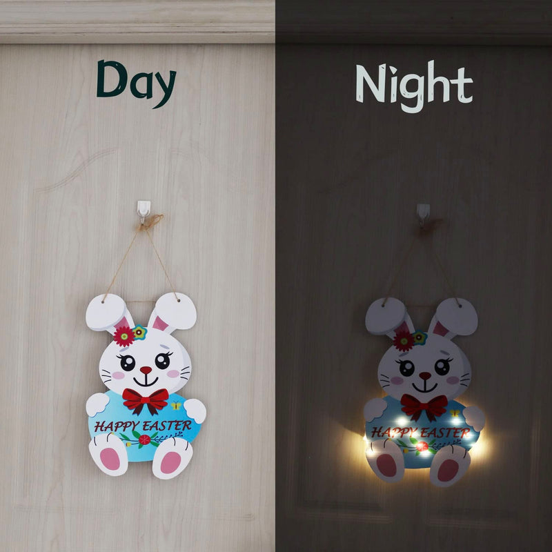 Easter Wreath, 14 Inch Easter Wreaths for Front Door Decoration with 10 LED Lights, Cute Bunny Easter Wreath Sign Decors for Wall Window Porch Home