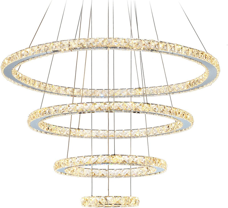 MEEROSEE Crystal Chandeliers Modern LED Ceiling Lights Fixtures Pendant Lighting Dining Room Chandelier Contemporary Adjustable Stainless Steel Cable 4 Rings DIY Design D31.5+23.6"+15.7"+7.8" Home & Garden > Lighting > Lighting Fixtures > Chandeliers MEEROSEE 31.49"  