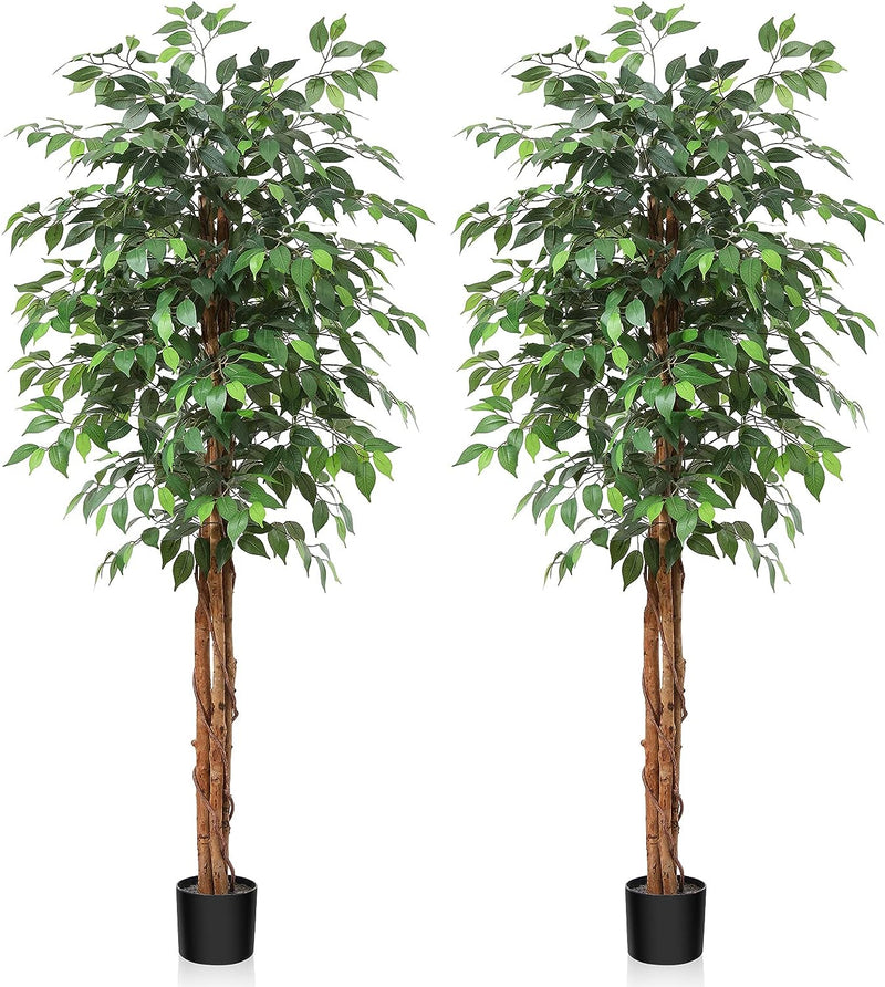 OAKRED 7FT Silk Artificial Ficus Tree with Realistic Leaves and Natural Trunk Fake Plants Tall Fake Tree Faux Ficus Tree for Office House Living Room Home Decor Indoor Outdoor,Set of 1  OAKRED 2 6 Ft 