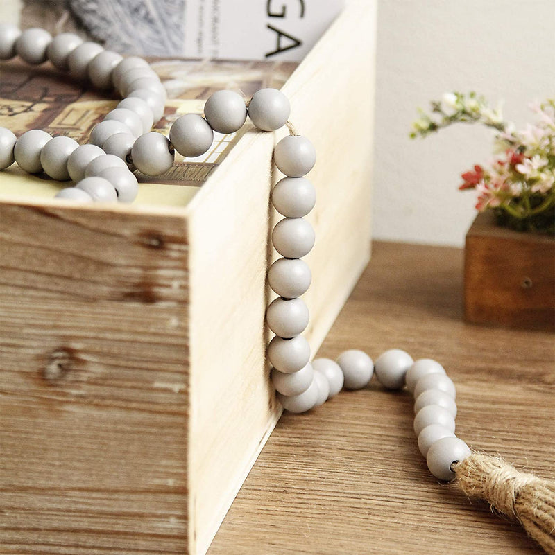 58In Wood Bead Garland with Tassels,Farmhouse Beads Rustic Country Decor Prayer Boho Beads Wall Hanging Decoration (Gray)