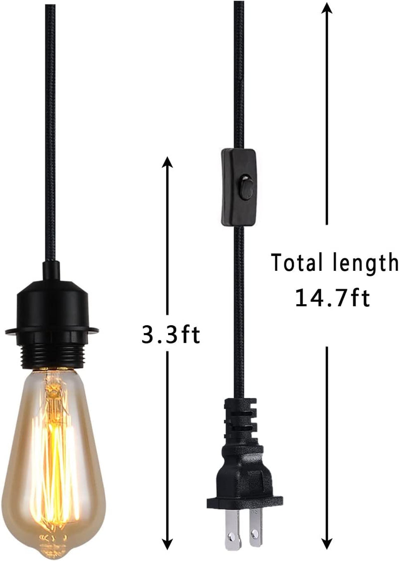 Pendant Light Kit with Switch, Industrial DIY 15Ft Pendant Light Cord, with Black Woven Fabric Rope Pendant Lights Socket Set E26 for Extension Hanging Farmhouse Bedroom Home Lighting Decors (Black)