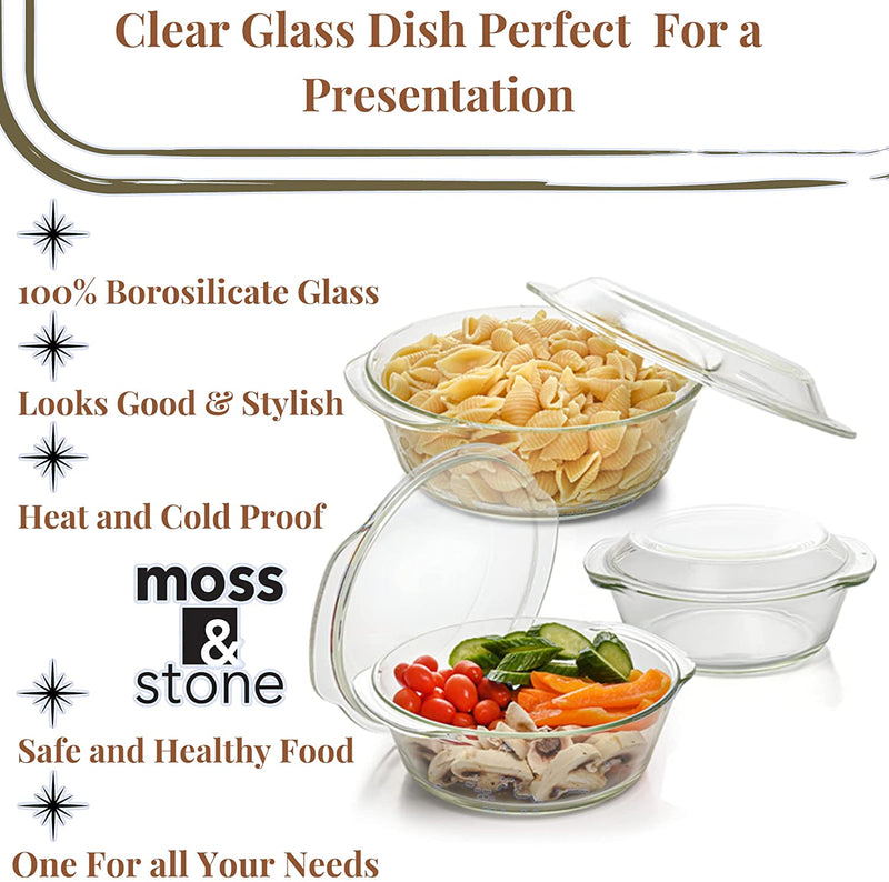 Moss & Stone Basics 3-Piece Glass Casserole with Covered - Made by Borosilicate Glass | Durable Bakeware Set, Glass Bowls, Bakeware Dish Oven Safe, & Microwave Safe, Clear Glass Baking Dish Home & Garden > Kitchen & Dining > Cookware & Bakeware Moss & Stone   