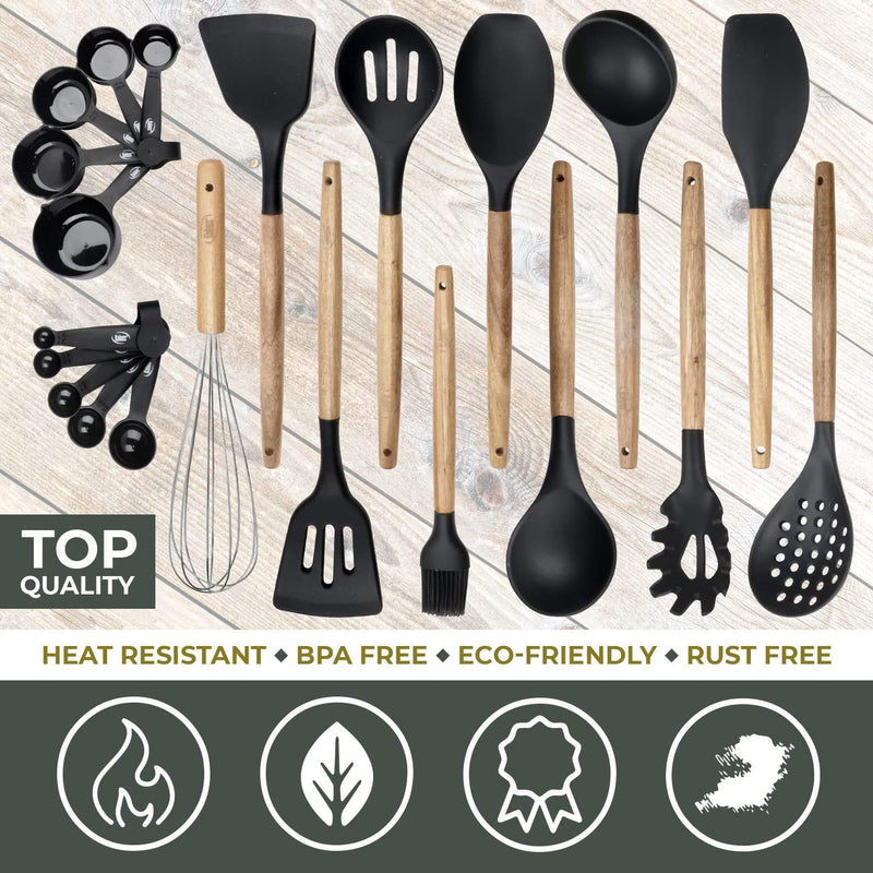 Kitchen Utensils Set, 21 Wood and Silicone Cooking Utensil Set, Non-Stick and Heat Resistant Kitchen Utensil Set, Kitchen Tools