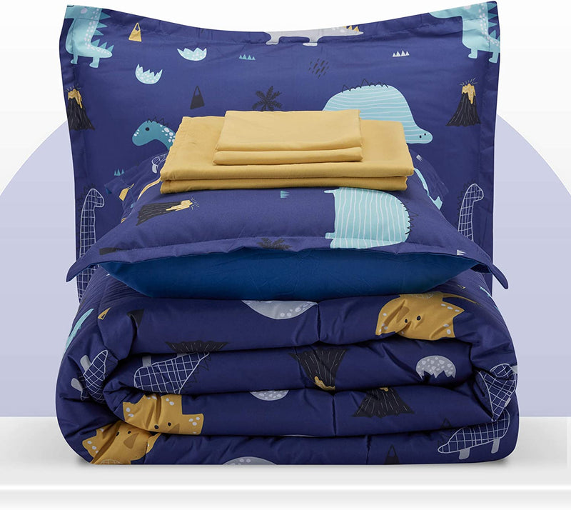 SLEEP ZONE Kids Twin Bedding Comforter Set - 5 Pieces Super Cute & Soft Bedding Sets & Collections with Comforter, Sheet, Pillowcase & Sham - Fade Resistant Easy Care (Blue/Blue Dino) Home & Garden > Linens & Bedding > Bedding SLEEP ZONE   