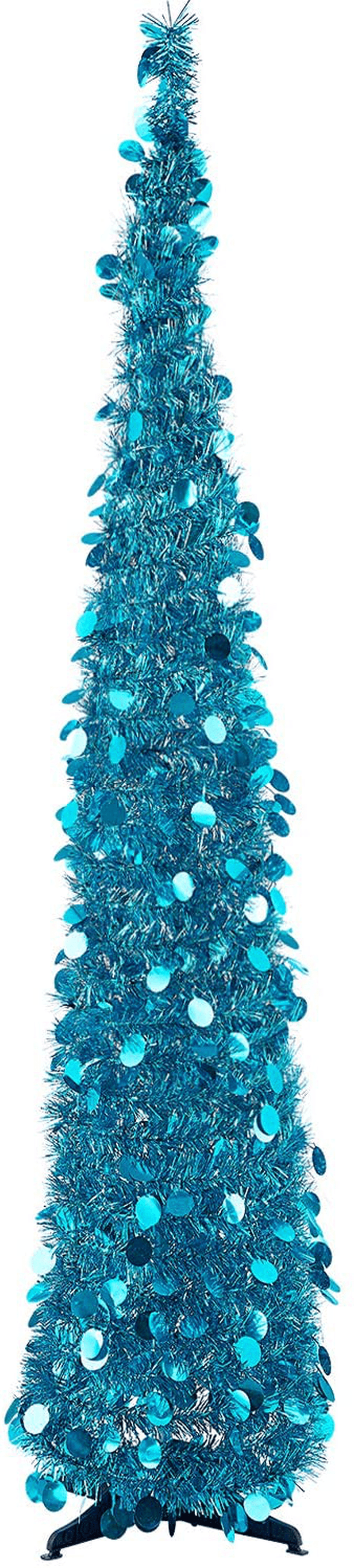 5ft Pop up Christmas Tinsel Tree with Stand，MACTING Easy-Assembly Tinsel Coastal Glittery Christmas Tree for Holiday Xmas Decorations (Blue)