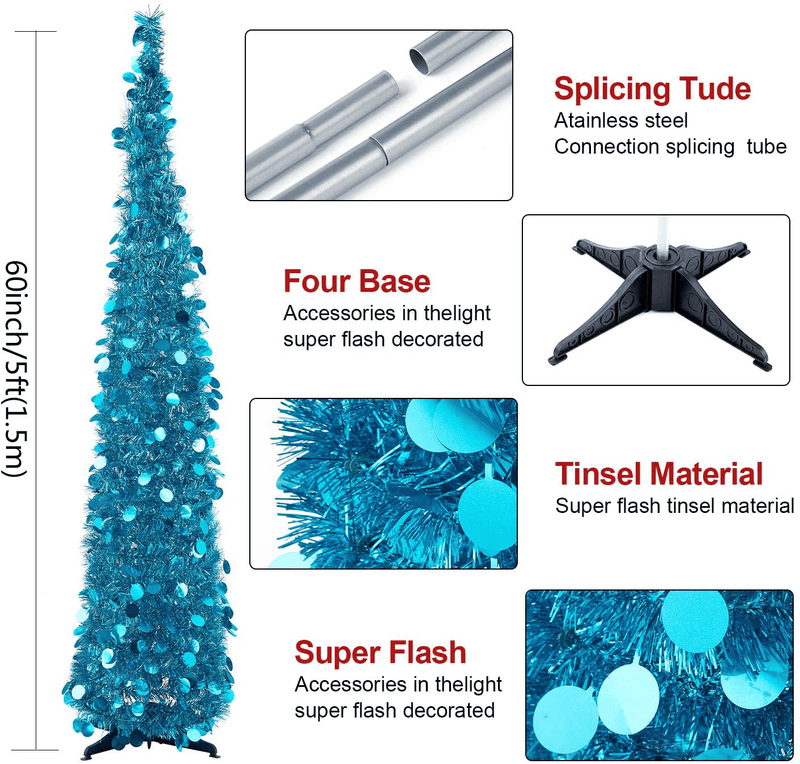 5ft Pop up Christmas Tinsel Tree with Stand，MACTING Easy-Assembly Tinsel Coastal Glittery Christmas Tree for Holiday Xmas Decorations (Blue)