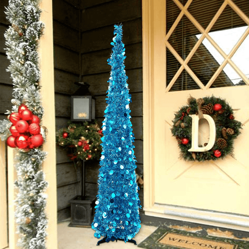 5ft Pop up Christmas Tinsel Tree with Stand，MACTING Easy-Assembly Tinsel Coastal Glittery Christmas Tree for Holiday Xmas Decorations (Blue) Home & Garden > Decor > Seasonal & Holiday Decorations > Christmas Tree Stands MACTING   