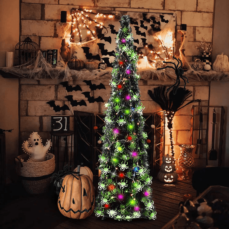 5FT Pop Up Halloween Christmas Slim Black Tinsel Tree w/Shiny Green Spider Sequin, Collapsible Artificial Pencil Halloween Xmas Trees w/Plastic Stand for Fireplace Office Indoor, Unique Party Decor Home & Garden > Decor > Seasonal & Holiday Decorations > Christmas Tree Stands YuQi   