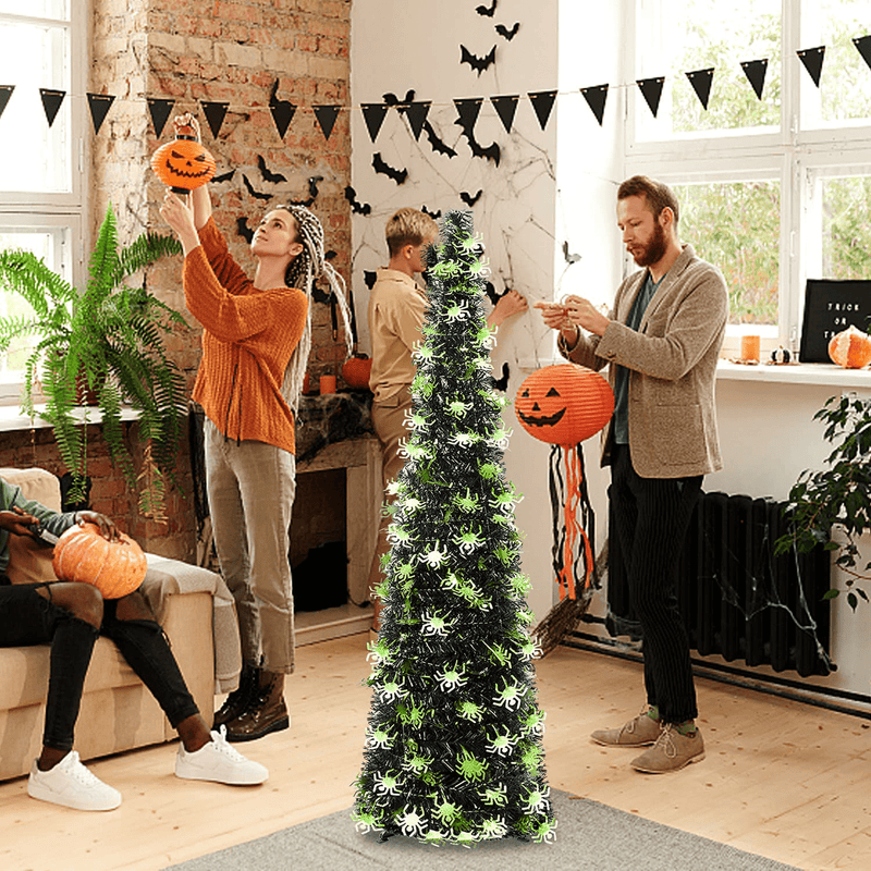 5FT Pop Up Halloween Christmas Slim Black Tinsel Tree w/Shiny Green Spider Sequin, Collapsible Artificial Pencil Halloween Xmas Trees w/Plastic Stand for Fireplace Office Indoor, Unique Party Decor