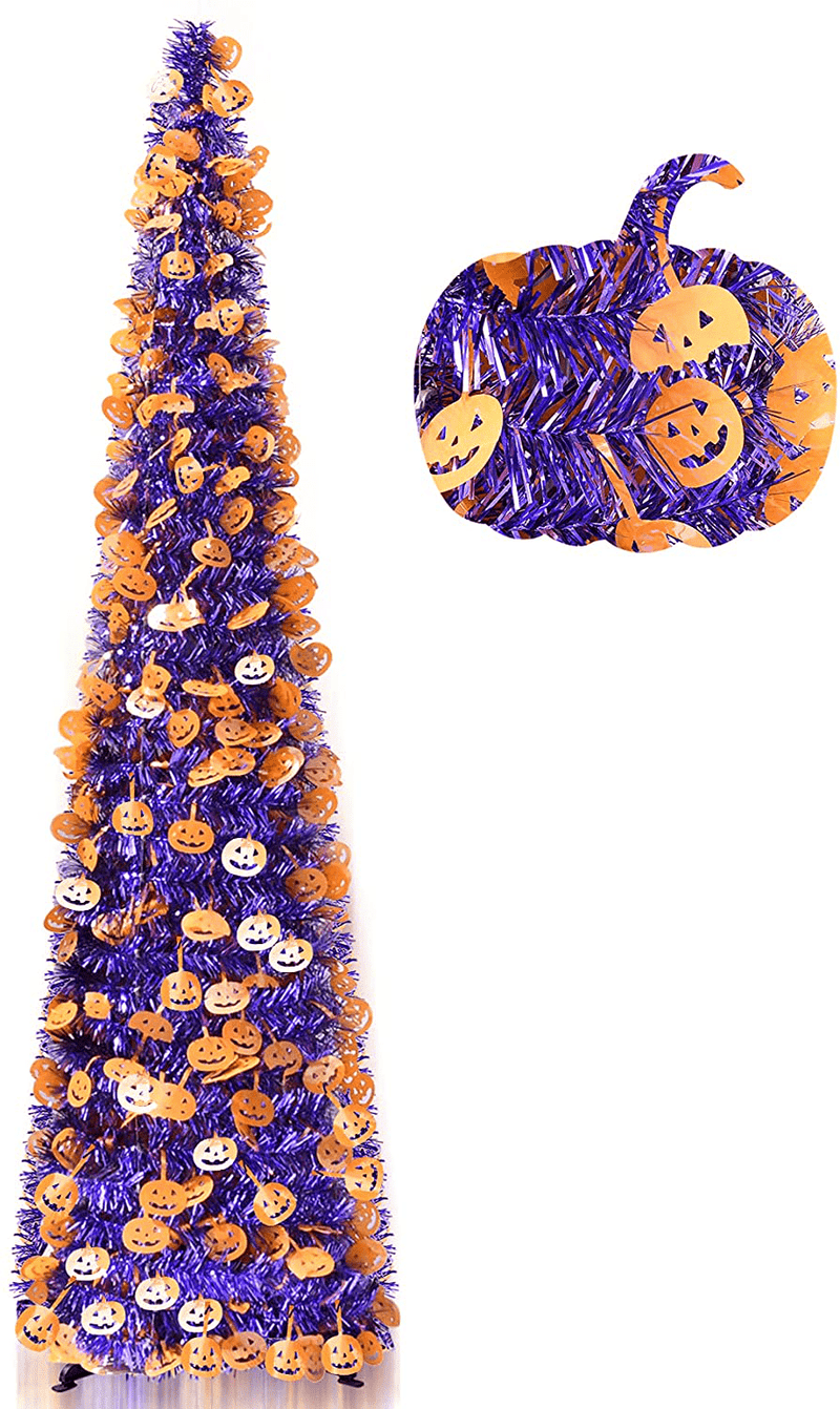 5FT Pop Up Halloween Christmas Slim Black Tinsel Tree w/Shiny Green Spider Sequin, Collapsible Artificial Pencil Halloween Xmas Trees w/Plastic Stand for Fireplace Office Indoor, Unique Party Decor Home & Garden > Decor > Seasonal & Holiday Decorations > Christmas Tree Stands YuQi B3.purple W/Pumpkin Sequins  