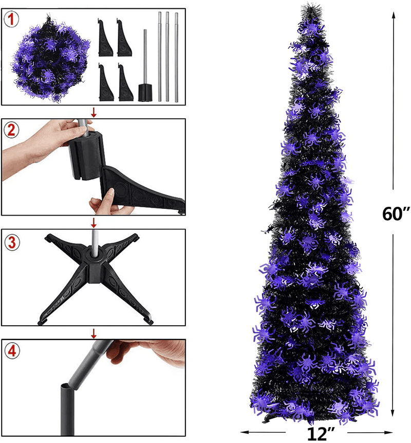 5FT Pop Up Tinsel Slim Trees for Halloween Decoration with Plump Shiny Spider sequins,Collapsible Artificial Pencil Halloween Xmas Tree with Plastic Stand for Fireplace & Office &Classroom,Party Decor