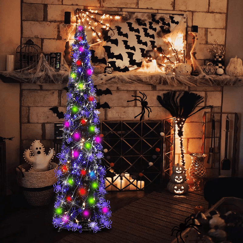 5FT Pop Up Tinsel Slim Trees for Halloween Decoration with Plump Shiny Spider sequins,Collapsible Artificial Pencil Halloween Xmas Tree with Plastic Stand for Fireplace & Office &Classroom,Party Decor