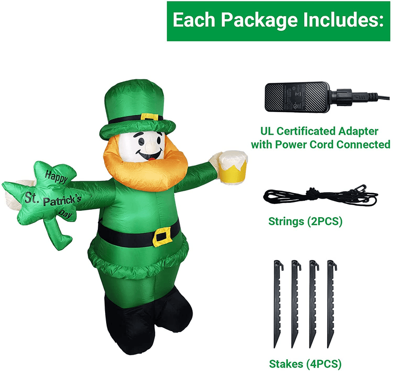 5FT St Patricks Day Inflatables Blow up Yard Decorations, KECEMUY Saint Patricks Day Inflatable Leprechaun Holding Shamrocks Beer, San Patrick Blowup for Yard Garden Lawn Irish Lucky Day Decor
