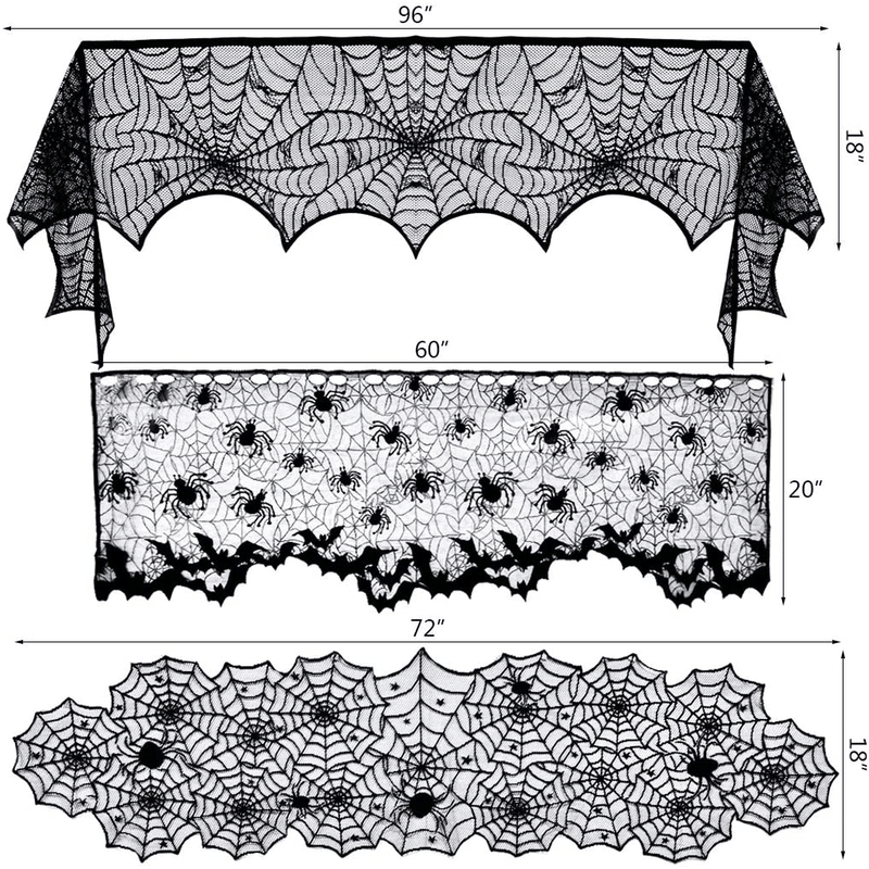 5pack Halloween Decorations Tablecloth Runner Black Lace Round Spider Cobweb Table Cover Fireplace Mantel Scarf Spiderweb Fireplace Scarf Spider Lampshade with 36pcs Scary 3D Bat for Halloween Party