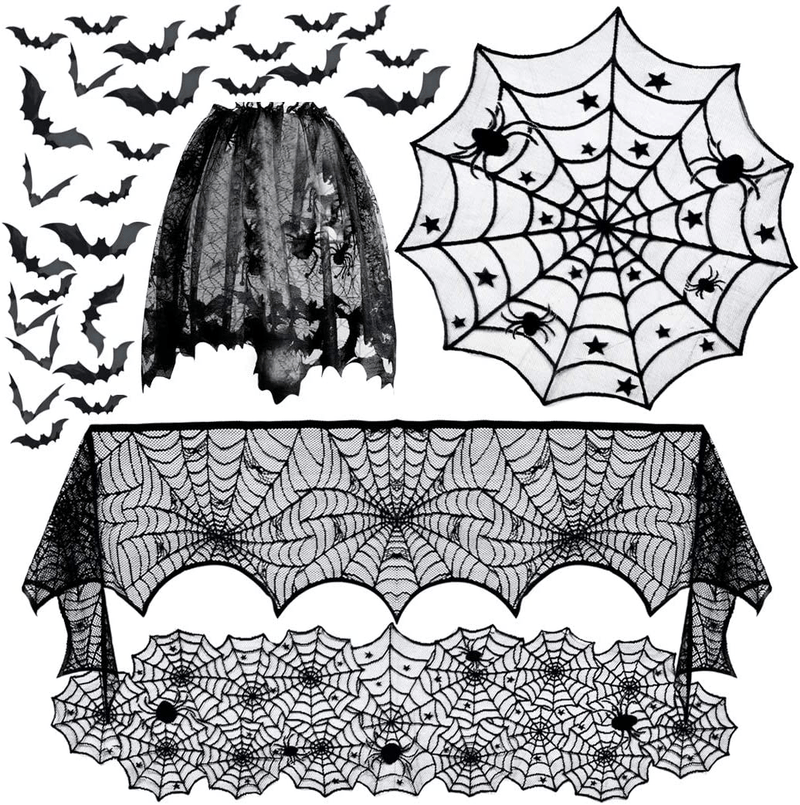 5pack Halloween Decorations Tablecloth Runner Black Lace Round Spider Cobweb Table Cover Fireplace Mantel Scarf Spiderweb Fireplace Scarf Spider Lampshade with 36pcs Scary 3D Bat for Halloween Party Arts & Entertainment > Party & Celebration > Party Supplies Tayfremn Default Title  