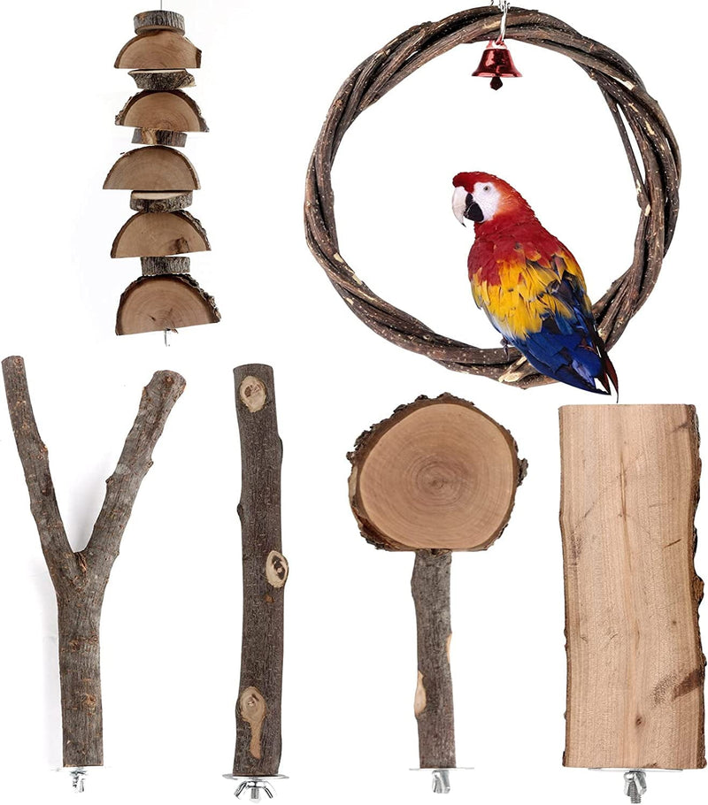 5PCS Bird Perch for Cage Bird Stand Toy Set Natural Wooden Parrot Stand Branch with round Platform Paw Grinding Stick Bird Exercise Training Climbing Toys for Bird Cage Accessories Animals & Pet Supplies > Pet Supplies > Bird Supplies > Bird Cages & Stands HOSUKKO Wooden 6PCS  