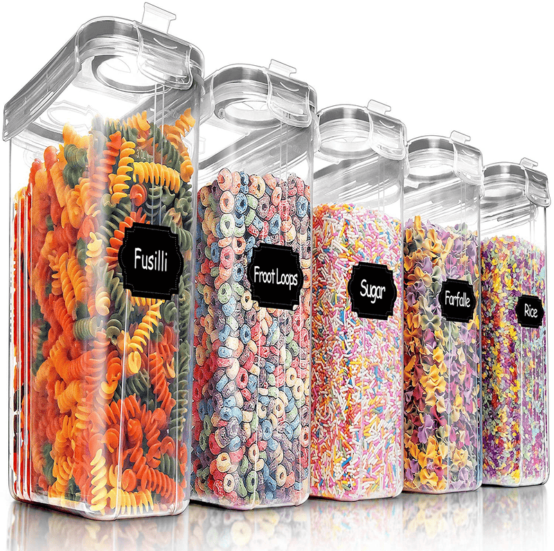 5PCS Cereal Containers Storage Set, PRAKI Bpa-Free Airtight Food Storage Container Set with Lids, Kitchen Pantry Organization & Storage, Perfect for Sugar, Baking Supplies - 20 Lables & Mark(4L Black) Home & Garden > Kitchen & Dining > Food Storage PRAKI Grey  