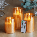 5plots Gold Glass Flickering Flameless Candles, Battery Operated LED Pillar Candles with Remote Control and Timer, Moving Flame, Wax, Set of 3