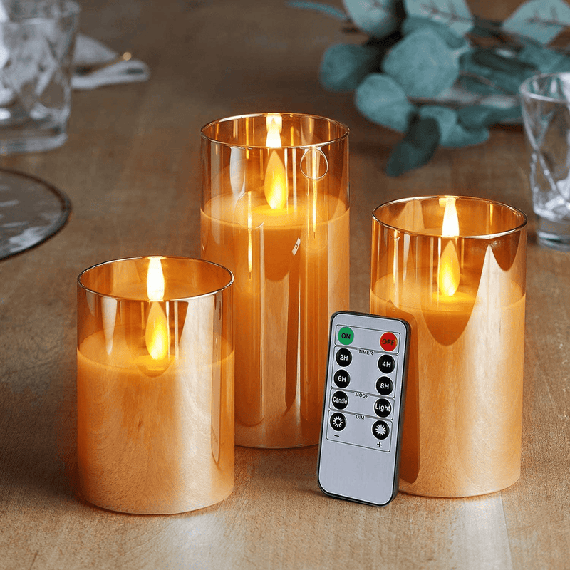 5plots Gold Glass Flickering Flameless Candles, Battery Operated LED Pillar Candles with Remote Control and Timer, Moving Flame, Wax, Set of 3 Home & Garden > Decor > Home Fragrances > Candles 5plots Gold  