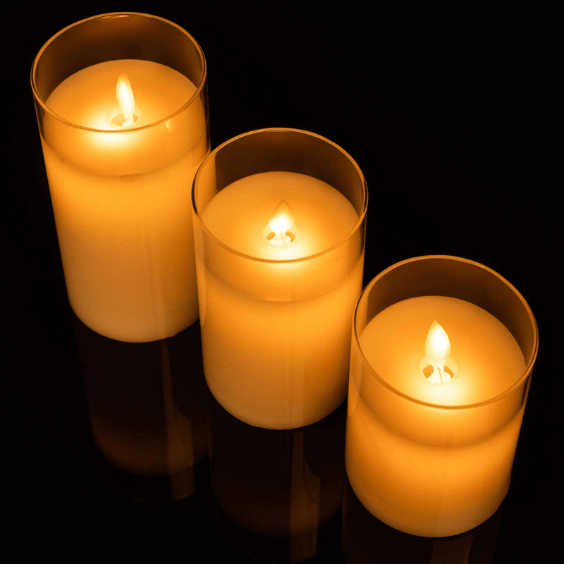 5plots Pure White Flickering Flameless Candles, Battery Operated Glass LED Pillar Candles with Remote Control and Timer, Moving Flame, Wax, Set of 3 Home & Garden > Decor > Home Fragrances > Candles 5plots   
