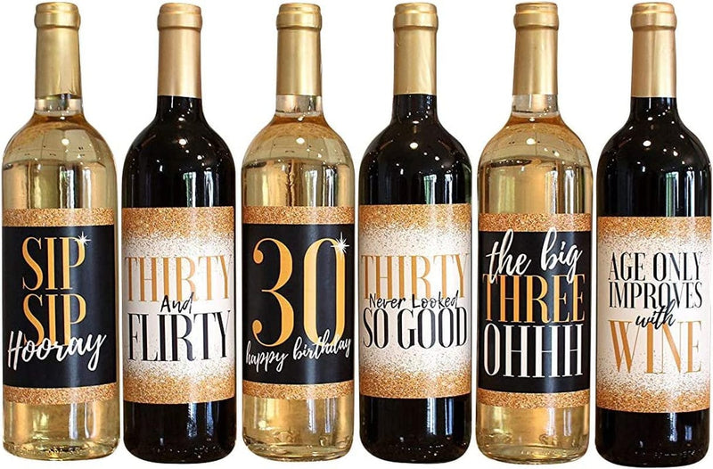 6 30Th Birthday Wine Bottle Labels or Stickers Present, Dirty Thirsty Flirty Thirty Bday Gifts for Women, Cheers to 30 Years, Funny Black Gold Party Decorations Supplies for Wife, Girl Mom Home & Garden > Kitchen & Dining > Barware Harper & Ivy Designs   
