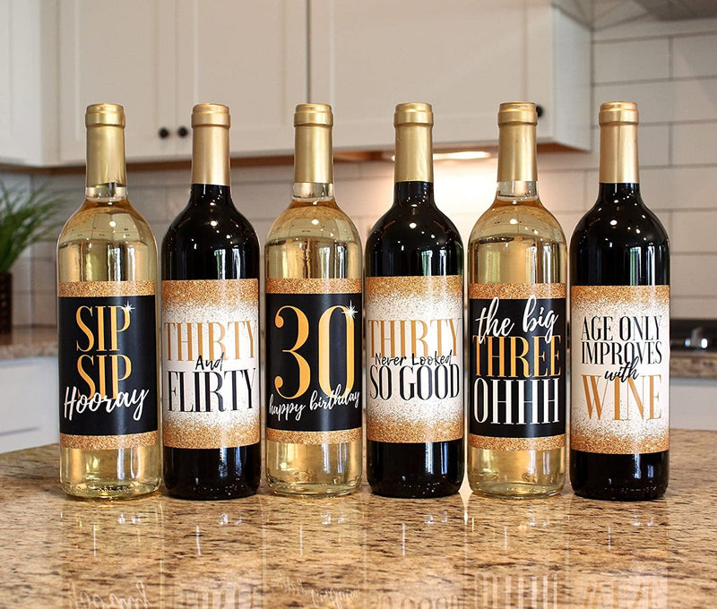 6 30Th Birthday Wine Bottle Labels or Stickers Present, Dirty Thirsty Flirty Thirty Bday Gifts for Women, Cheers to 30 Years, Funny Black Gold Party Decorations Supplies for Wife, Girl Mom Home & Garden > Kitchen & Dining > Barware Harper & Ivy Designs   