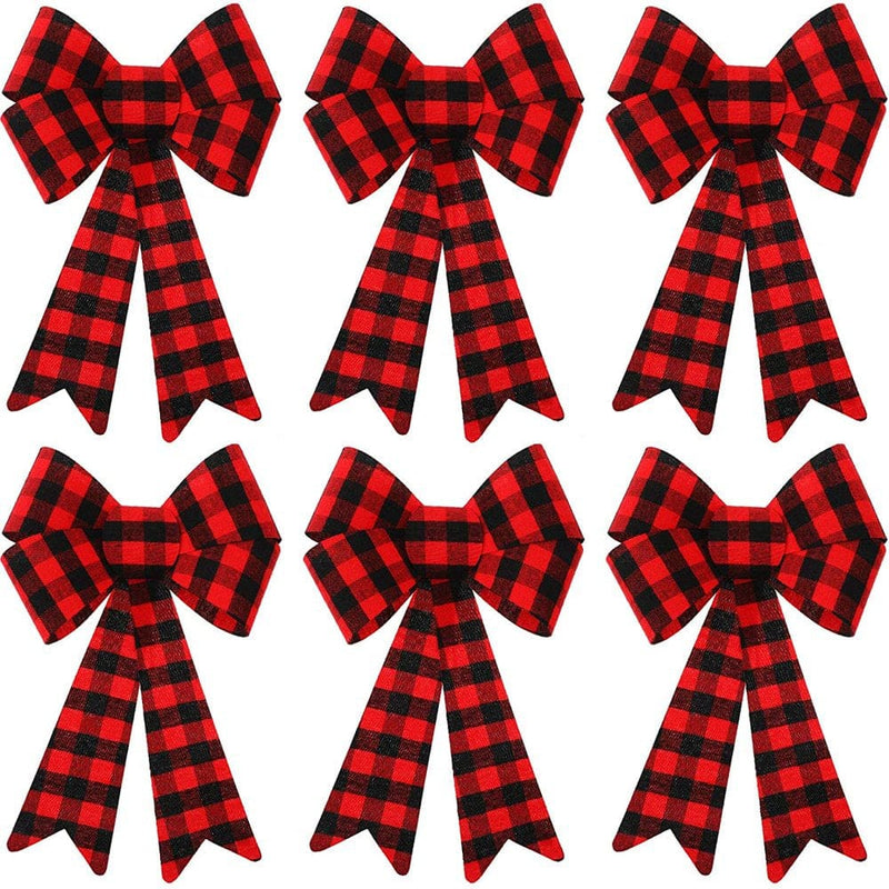 6 Christmas Buffalo Plaid Red Bows Burlap Plastic Black Checkered Small Wreath Ribbon Bow for Holiday Kitchen Indoor Outdoor Decoration Xmas Tree Garland Decor Gift Wrap Craft Supplies Home Home & Garden > Decor > Seasonal & Holiday Decorations& Garden > Decor > Seasonal & Holiday Decorations SurVank Red and Black  