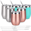 6 Pack 12Oz Stainless Steel Stemless Wine Tumbler Wine Glasses Set with Lid and Straws Set of 6 for Coffee, Wine, Cocktails, Ice Cream, Picnic Camping Party or Family Daily Use Home & Garden > Kitchen & Dining > Tableware > Drinkware Romantic Rose Gold Silver Aqua blue  