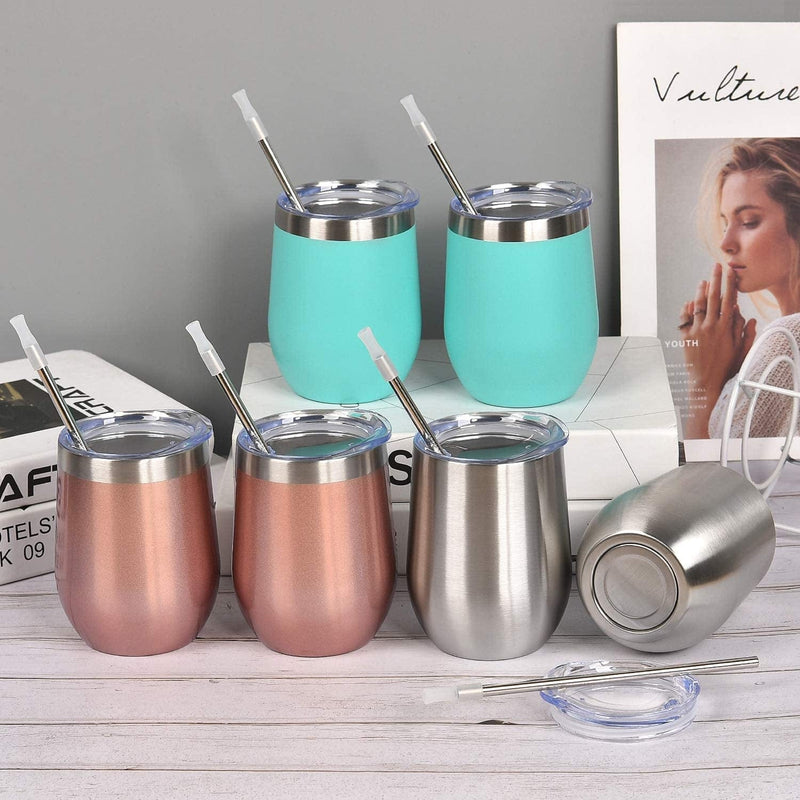 6 Pack 12Oz Stainless Steel Stemless Wine Tumbler Wine Glasses Set with Lid and Straws Set of 6 for Coffee, Wine, Cocktails, Ice Cream, Picnic Camping Party or Family Daily Use Home & Garden > Kitchen & Dining > Tableware > Drinkware Romantic   