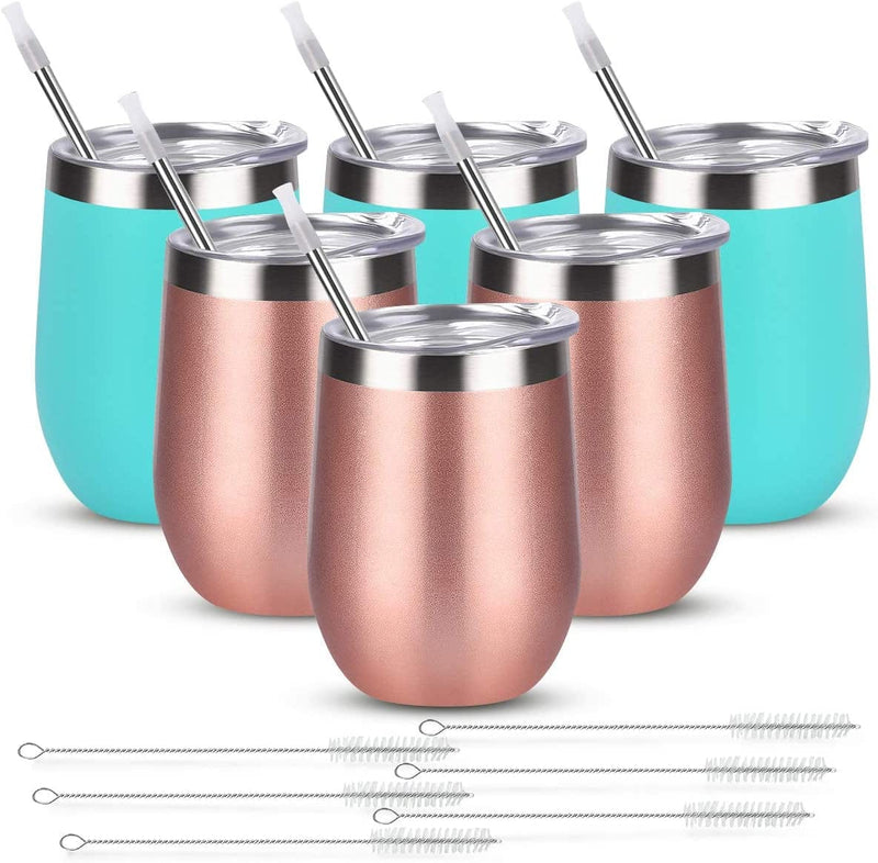 6 Pack 12Oz Stainless Steel Stemless Wine Tumbler Wine Glasses Set with Lid and Straws Set of 6 for Coffee, Wine, Cocktails, Ice Cream, Picnic Camping Party or Family Daily Use Home & Garden > Kitchen & Dining > Tableware > Drinkware Romantic Rose gold Aqua blue  