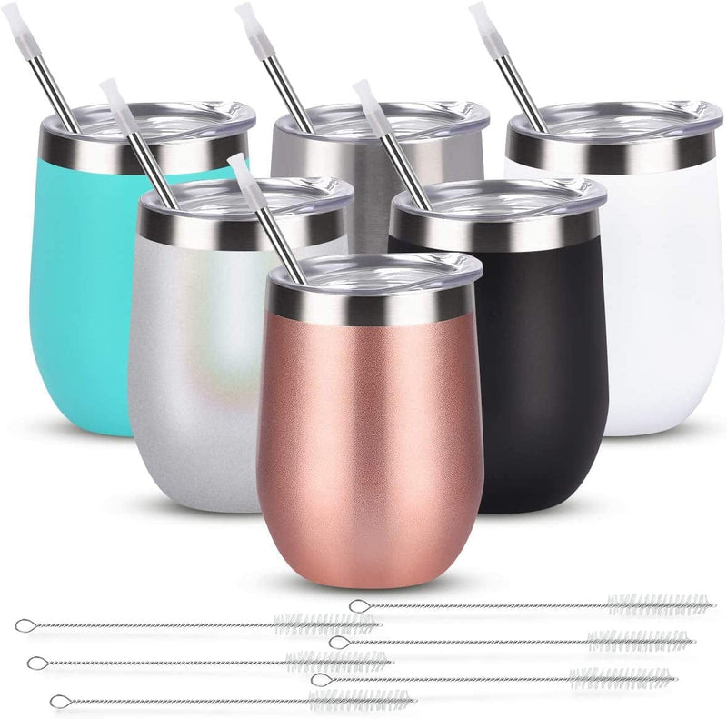 6 Pack 12Oz Stainless Steel Stemless Wine Tumbler Wine Glasses Set with Lid and Straws Set of 6 for Coffee, Wine, Cocktails, Ice Cream, Picnic Camping Party or Family Daily Use Home & Garden > Kitchen & Dining > Tableware > Drinkware Romantic Multicolor  