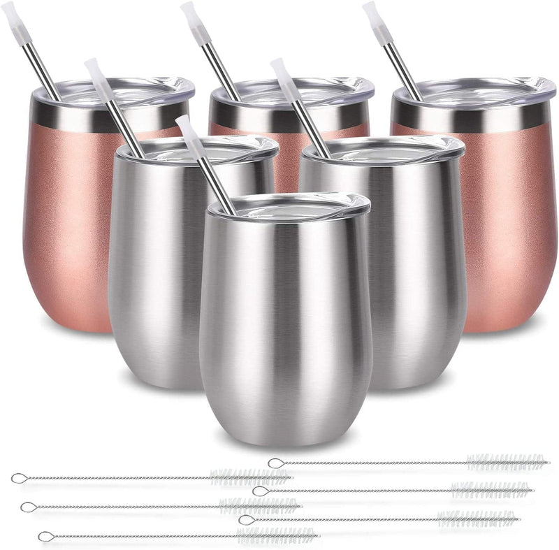 6 Pack 12Oz Stainless Steel Stemless Wine Tumbler Wine Glasses Set with Lid and Straws Set of 6 for Coffee, Wine, Cocktails, Ice Cream, Picnic Camping Party or Family Daily Use Home & Garden > Kitchen & Dining > Tableware > Drinkware Romantic Silver Rose Gold  