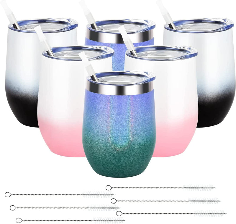 6 Pack 12Oz Stainless Steel Stemless Wine Tumbler Wine Glasses Set with Lid and Straws Set of 6 for Coffee, Wine, Cocktails, Ice Cream, Picnic Camping Party or Family Daily Use