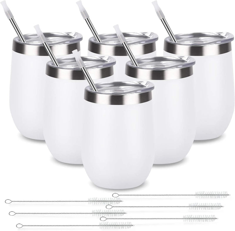 6 Pack 12Oz Stainless Steel Stemless Wine Tumbler Wine Glasses Set with Lid and Straws Set of 6 for Coffee, Wine, Cocktails, Ice Cream, Picnic Camping Party or Family Daily Use Home & Garden > Kitchen & Dining > Tableware > Drinkware Romantic White  